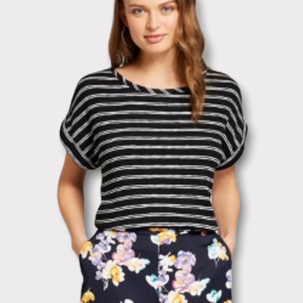 A New Day™ Women's Striped Short Sleeve Tie Back Cuff T Shirt Black/White Small